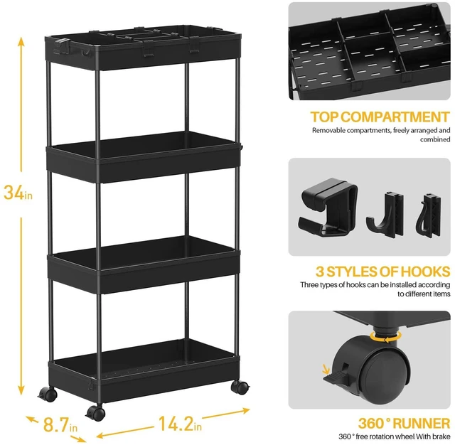 Alt view image 3 of 7 - 4 Tier Rolling Cart with Wheels, Storage Craft Art Trolley Organizer Serving, 3 Hanging Baskets Easy Assembly, for Office, Living Room, Kitchen