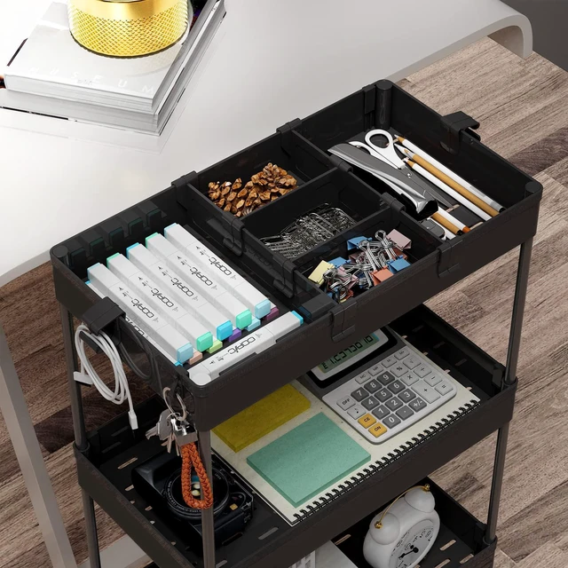 Alt view image 2 of 7 - 4 Tier Rolling Cart with Wheels, Storage Craft Art Trolley Organizer Serving, 3 Hanging Baskets Easy Assembly, for Office, Living Room, Kitchen