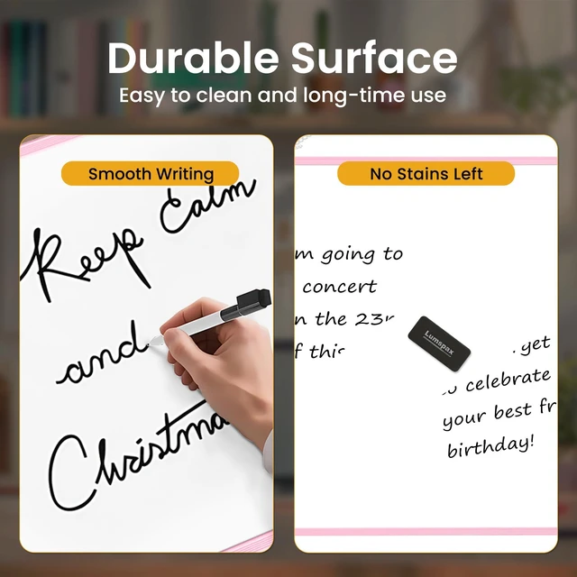Alt view image 6 of 7 - Dry Erase Board for Wall, 24" x 18" Double-Sided Hanging Magnetic Whiteboard with 6 Markers, 6 Magnets and 3 Mini Sticky Notes, Large White Board for School, Home, Office, Pink Frame