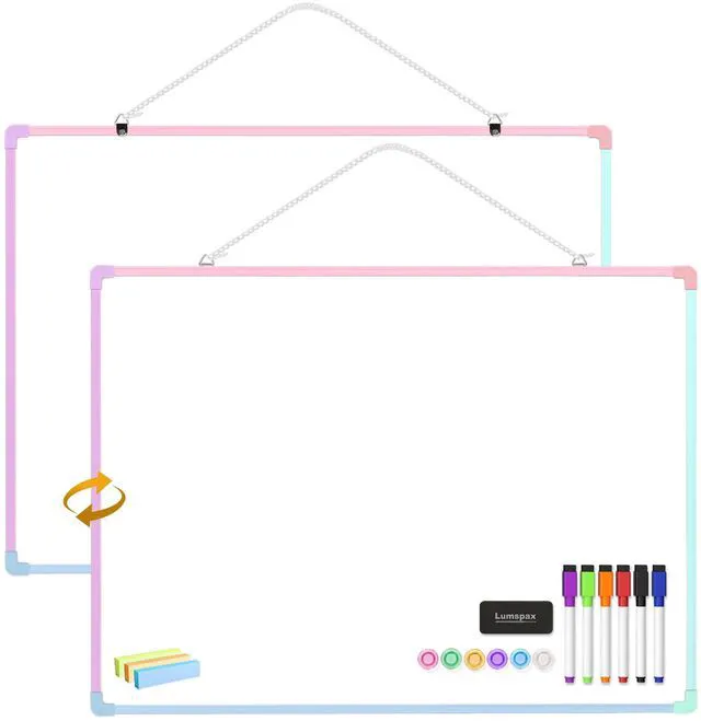 Main image of Dry Erase Board for Wall, 24" x 18" Double-Sided Hanging Magnetic Whiteboard with 6 Markers, 6 Magnets and 3 Mini Sticky Notes, Large White Board for School, Home, Office, Colorful Frame