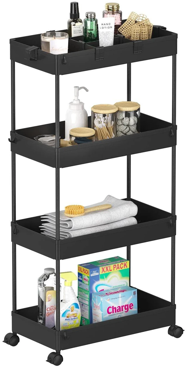 Alt view image 6 of 7 - 4 Tier Rolling Cart with Wheels, Storage Craft Art Trolley Organizer Serving, 3 Hanging Baskets Easy Assembly, for Office, Living Room, Kitchen