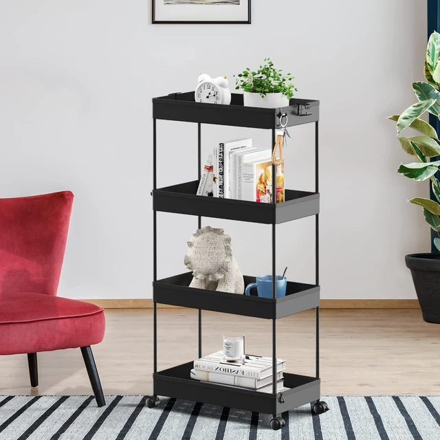 Alt view image 5 of 7 - 4 Tier Rolling Cart with Wheels, Storage Craft Art Trolley Organizer Serving, 3 Hanging Baskets Easy Assembly, for Office, Living Room, Kitchen