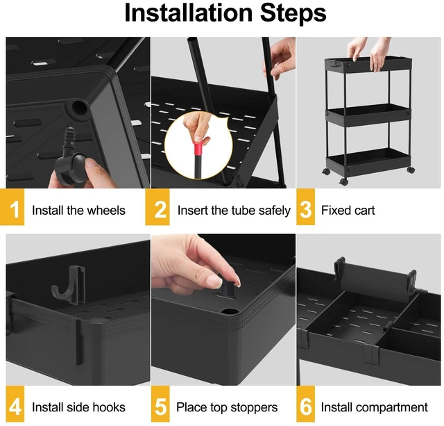 Alt view image 7 of 7 - 4 Tier Rolling Cart with Wheels, Storage Craft Art Trolley Organizer Serving, 3 Hanging Baskets Easy Assembly, for Office, Living Room, Kitchen