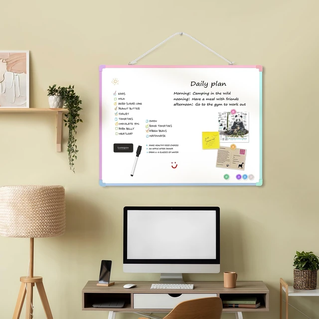Alt view image 2 of 7 - Dry Erase Board for Wall, 24" x 18" Double-Sided Hanging Magnetic Whiteboard with 6 Markers, 6 Magnets and 3 Mini Sticky Notes, Large White Board for School, Home, Office, Colorful Frame