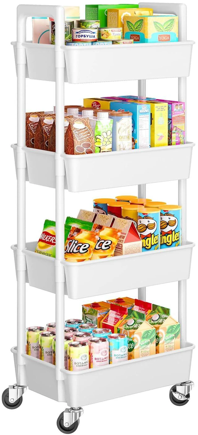 Main image of 4 Tier Rolling Cart Organizer, Plastic Rolling Cart with Lockable Wheels & Reinforced Handle, Lightweight Utility Storage Cart for Nursery, Kitchen, Craft Room, White