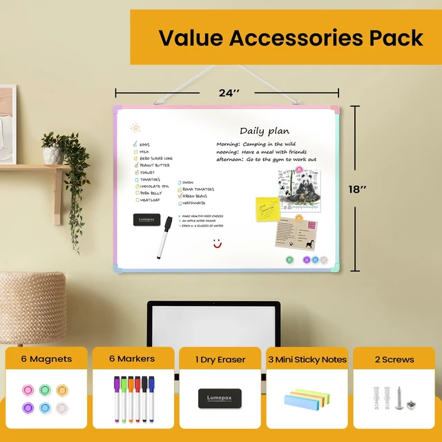 Alt view image 3 of 7 - Dry Erase Board for Wall, 24" x 18" Double-Sided Hanging Magnetic Whiteboard with 6 Markers, 6 Magnets and 3 Mini Sticky Notes, Large White Board for School, Home, Office, Colorful Frame