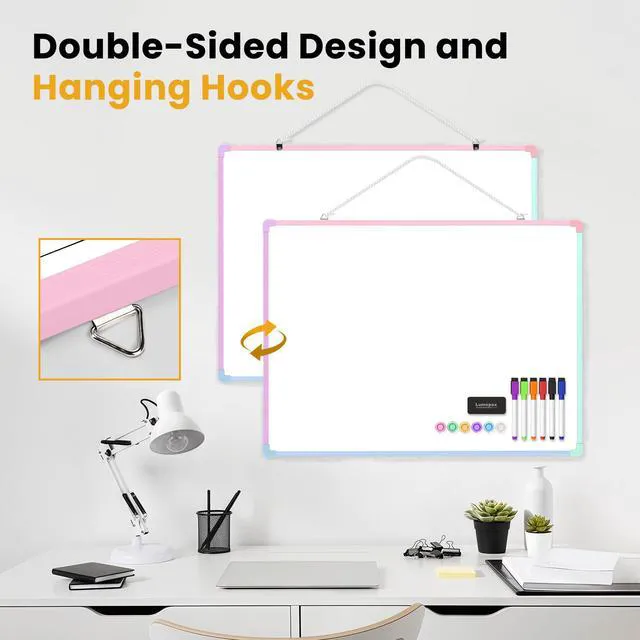 Alt view image 4 of 7 - Dry Erase Board for Wall, 24" x 18" Double-Sided Hanging Magnetic Whiteboard with 6 Markers, 6 Magnets and 3 Mini Sticky Notes, Large White Board for School, Home, Office, Colorful Frame