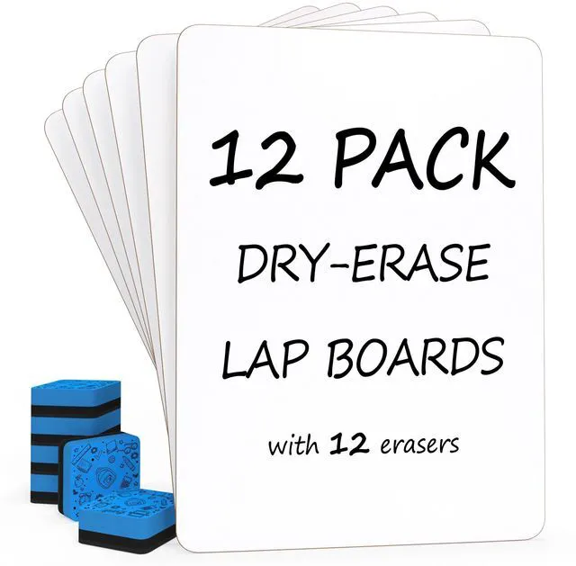 Main image of 12 Pack Small Dry Erase Boards 9x12 with 12 Erasers for Students Double Sided Class Set, 12 Board & Erasers, Crisp Whiteboard Set for Kids and Teachers, Easy to Clean No Ghosting