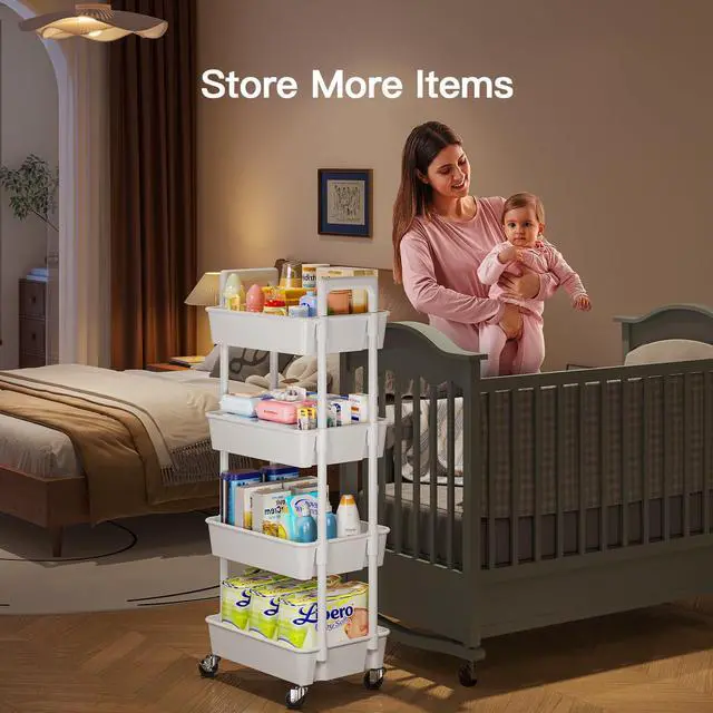 Alt view image 3 of 7 - 4 Tier Rolling Cart Organizer, Plastic Rolling Cart with Lockable Wheels & Reinforced Handle, Lightweight Utility Storage Cart for Nursery, Kitchen, Craft Room, White