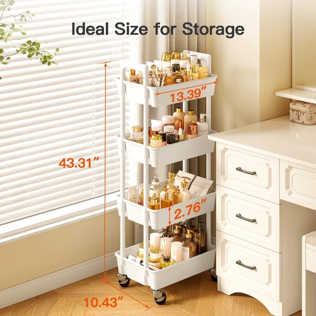 Alt view image 4 of 7 - 4 Tier Rolling Cart Organizer, Plastic Rolling Cart with Lockable Wheels & Reinforced Handle, Lightweight Utility Storage Cart for Nursery, Kitchen, Craft Room, White