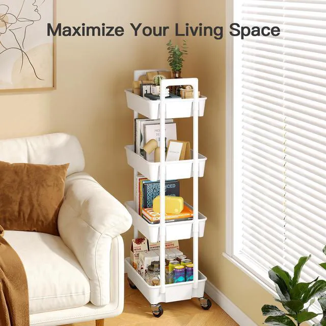 Alt view image 5 of 7 - 4 Tier Rolling Cart Organizer, Plastic Rolling Cart with Lockable Wheels & Reinforced Handle, Lightweight Utility Storage Cart for Nursery, Kitchen, Craft Room, White
