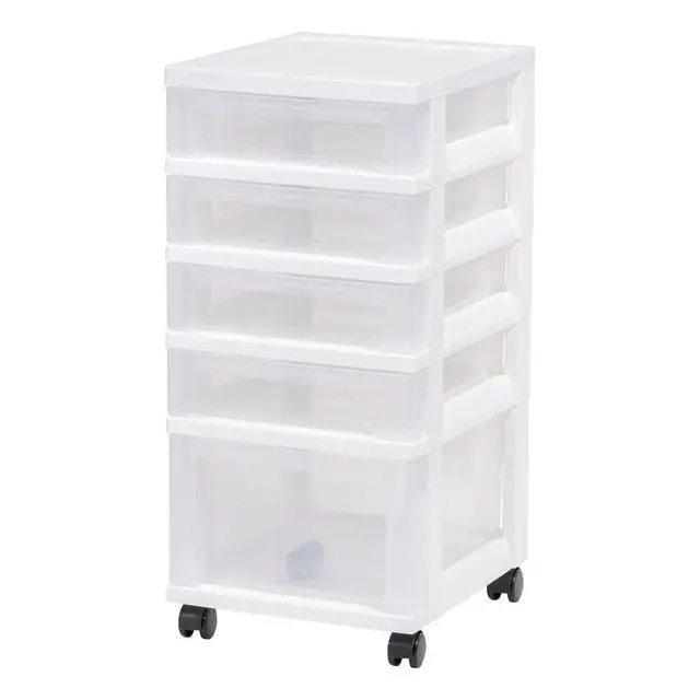 Main image of 5-Drawer Rolling Storage Cart with Organizer Top, White/Clear Keep classroom supplies, teacher essentials, craft materials, and learning tools organized with easy-access drawers