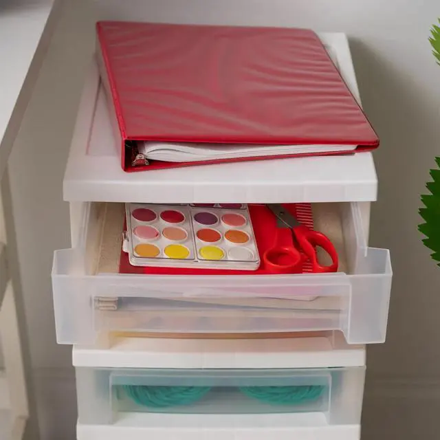 Alt view image 4 of 7 - 5-Drawer Rolling Storage Cart with Organizer Top, White/Clear Keep classroom supplies, teacher essentials, craft materials, and learning tools organized with easy-access drawers