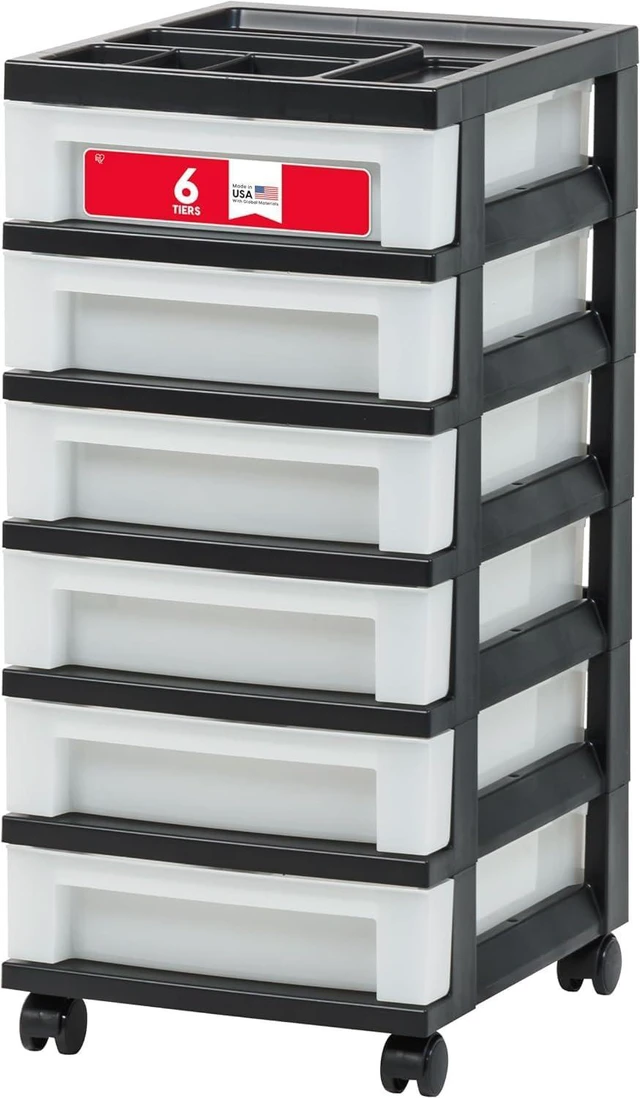 Main image of 6-Drawer Rolling Storage Cart with Organizer Top, Black/Pearl Keep classroom supplies, teacher essentials, craft materials, and learning tools organized with easy-access drawers