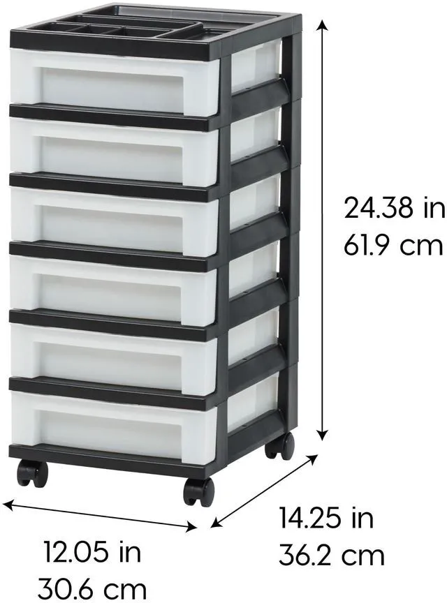 Alt view image 3 of 7 - 6-Drawer Rolling Storage Cart with Organizer Top, Black/Pearl Keep classroom supplies, teacher essentials, craft materials, and learning tools organized with easy-access drawers