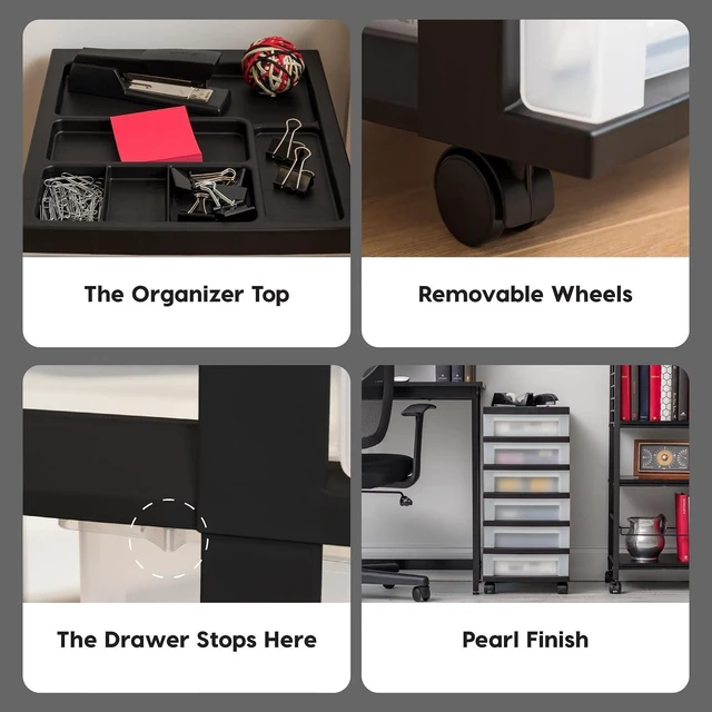Alt view image 5 of 7 - 6-Drawer Rolling Storage Cart with Organizer Top, Black/Pearl Keep classroom supplies, teacher essentials, craft materials, and learning tools organized with easy-access drawers