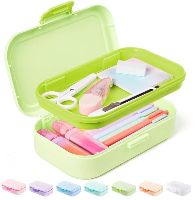 Main image of Double Layer Pencil Box, Plastic Pencil Case with Latch, Hard School Supply Box for Girls Boys Kids, Large Crayon Marker Pen Holder, Cute Art Storage Organizer, 1 Pack, Green