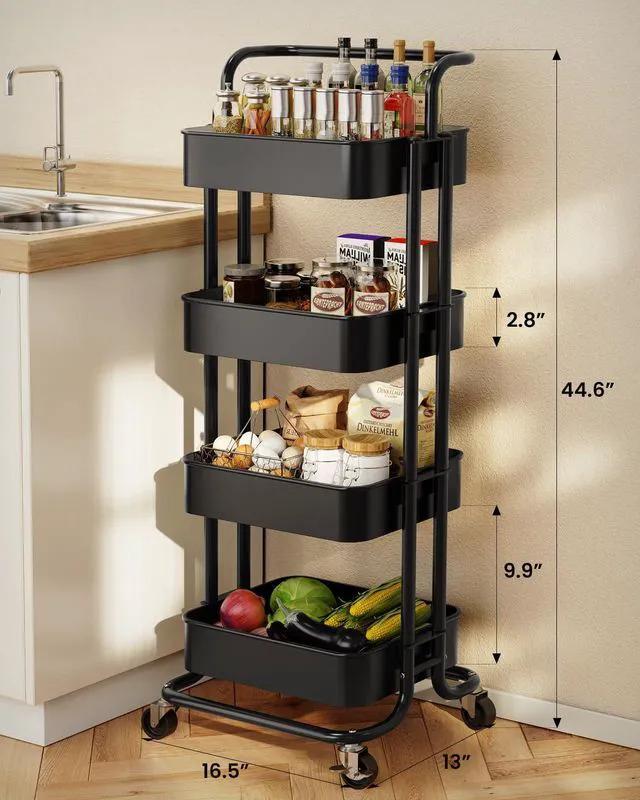 Alt view image 2 of 7 - Metal 4 Tier Rolling Cart with Handle & 2 Lockable Wheels, Black Four Large 2" Wheels for Easy Motion, Sturdy Metal, Hold 22 lbs per Shelf, Ideal for Nursery Room, Living Room, Painting Room