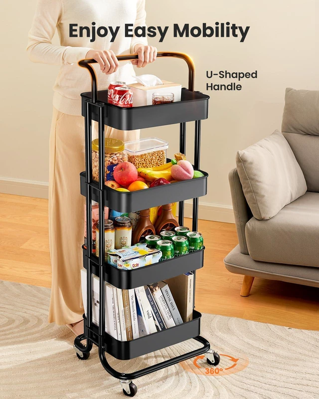 Alt view image 3 of 7 - Metal 4 Tier Rolling Cart with Handle & 2 Lockable Wheels, Black Four Large 2" Wheels for Easy Motion, Sturdy Metal, Hold 22 lbs per Shelf, Ideal for Nursery Room, Living Room, Painting Room