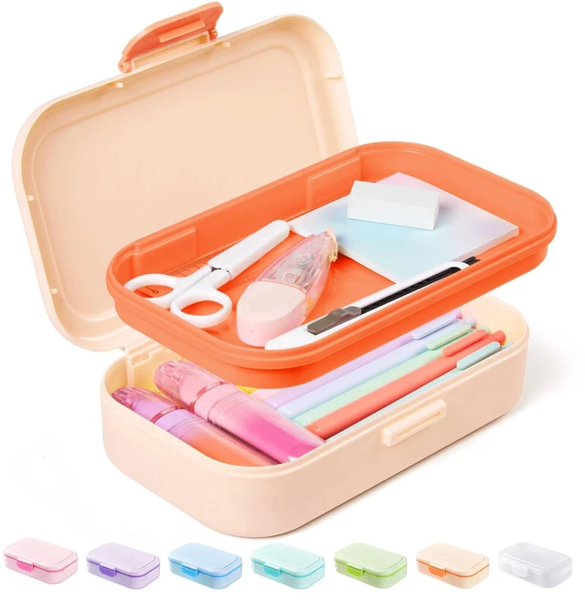 Main image of Double Layer Pencil Box, Plastic Pencil Case with Latch, Hard School Supply Box for Girls Boys Kids, Large Crayon Marker Pen Holder, Cute Art Storage Organizer, 1 Pack, Orange