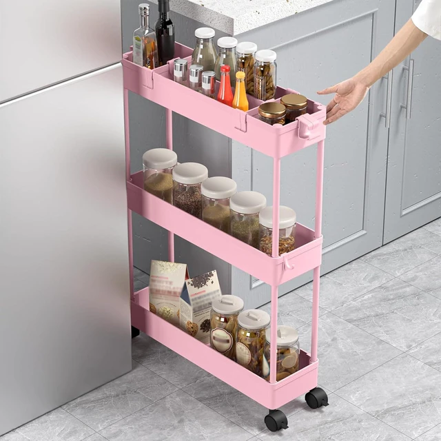 Alt view image 5 of 7 - 2-piece Set Slim Storage Cart 3 Tier,Bathroom Organizer Rolling Utility,Mobile Shelving Unit Slide Out for Office, Kitchen, Laundry Room & Narrow Places