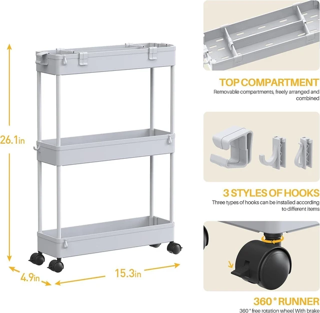 Alt view image 2 of 7 - 2-piece Set Slim Storage Cart 3 Tier,Bathroom Organizer Rolling Utility,Mobile Shelving Unit Slide Out for Office, Kitchen, Laundry Room & Narrow Places
