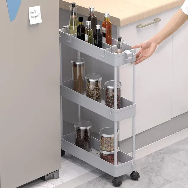 Alt view image 4 of 7 - 2-piece Set Slim Storage Cart 3 Tier,Bathroom Organizer Rolling Utility,Mobile Shelving Unit Slide Out for Office, Kitchen, Laundry Room & Narrow Places