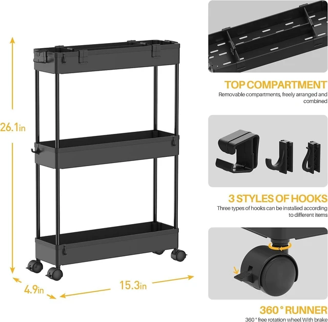 Alt view image 2 of 7 - 2-piece Set Slim Storage Cart 3 Tier,Bathroom Organizer Rolling Utility,Mobile Shelving Unit Slide Out for Office, Kitchen, Laundry Room & Narrow Places