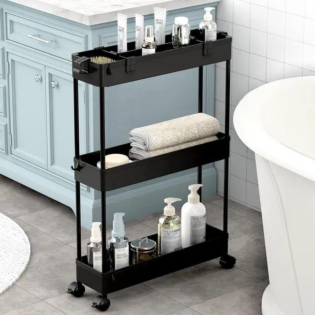 Alt view image 5 of 7 - 2-piece Set Slim Storage Cart 3 Tier,Bathroom Organizer Rolling Utility,Mobile Shelving Unit Slide Out for Office, Kitchen, Laundry Room & Narrow Places