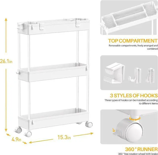 Alt view image 2 of 7 - 2-piece Set Slim Storage Cart 3 Tier,Bathroom Organizer Rolling Utility,Mobile Shelving Unit Slide Out for Office, Kitchen, Laundry Room & Narrow Places