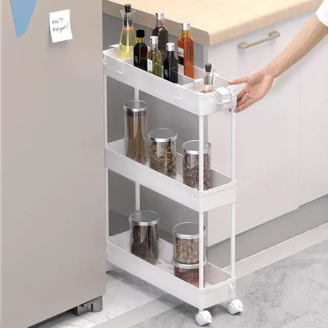 Alt view image 3 of 7 - 2-piece Set Slim Storage Cart 3 Tier,Bathroom Organizer Rolling Utility,Mobile Shelving Unit Slide Out for Office, Kitchen, Laundry Room & Narrow Places