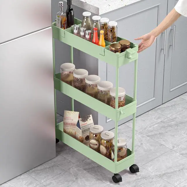Alt view image 4 of 7 - 2-piece Set Slim Storage Cart 3 Tier,Bathroom Organizer Rolling Utility,Mobile Shelving Unit Slide Out for Office, Kitchen, Laundry Room & Narrow Places
