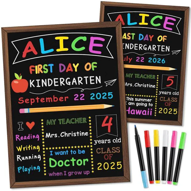 Main image of First & Last Day of School Board, 10.5 x 14 Inch Double Sided Back to School Chalkboard with Frame, Reusable Wooden 1st Day of Preschool/Kindergarten Sign for Kids/Girls/Boys