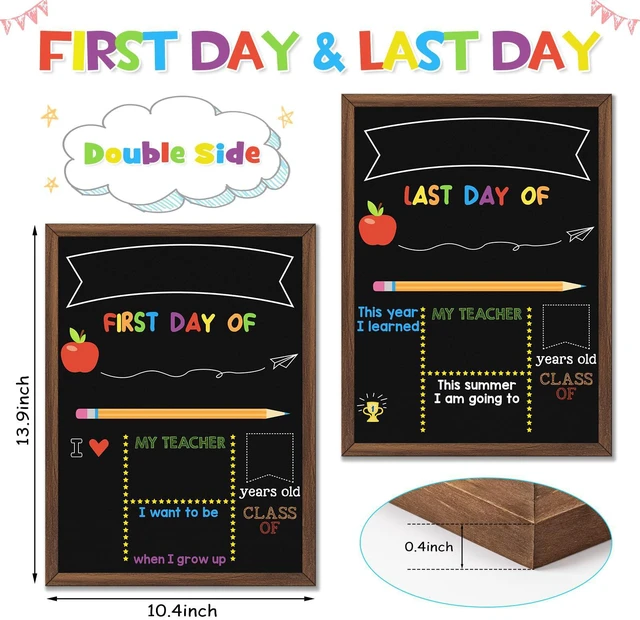 Alt view image 2 of 7 - First & Last Day of School Board, 10.5 x 14 Inch Double Sided Back to School Chalkboard with Frame, Reusable Wooden 1st Day of Preschool/Kindergarten Sign for Kids/Girls/Boys