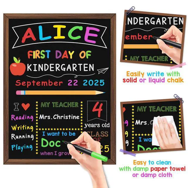 Alt view image 3 of 7 - First & Last Day of School Board, 10.5 x 14 Inch Double Sided Back to School Chalkboard with Frame, Reusable Wooden 1st Day of Preschool/Kindergarten Sign for Kids/Girls/Boys
