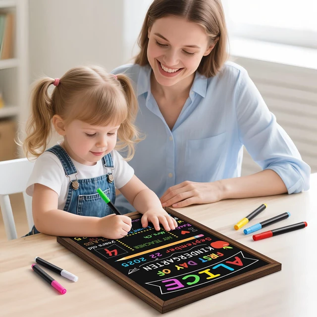 Alt view image 5 of 7 - First & Last Day of School Board, 10.5 x 14 Inch Double Sided Back to School Chalkboard with Frame, Reusable Wooden 1st Day of Preschool/Kindergarten Sign for Kids/Girls/Boys