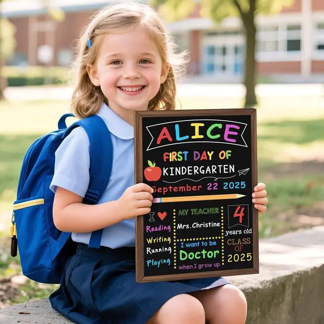 Alt view image 6 of 7 - First & Last Day of School Board, 10.5 x 14 Inch Double Sided Back to School Chalkboard with Frame, Reusable Wooden 1st Day of Preschool/Kindergarten Sign for Kids/Girls/Boys