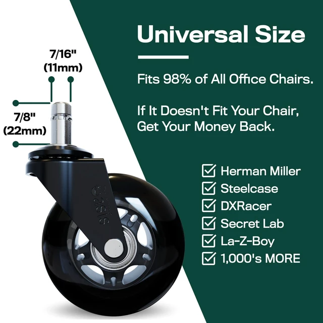 Alt view image 4 of 5 - Original Office Chair Wheels (As Seen On PBS), Black Safe for hardwood floors & carpet, smooth & quiet casters, easy installation, universal fit, set of 5