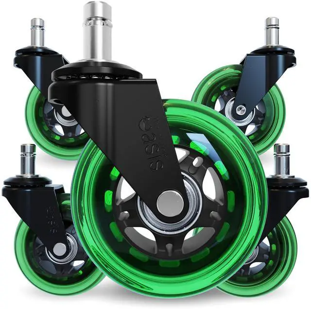 Main image of Original Office Chair Wheels (As Seen On PBS), Green Safe for hardwood floors & carpet, smooth & quiet casters, easy installation, universal fit, set of 5