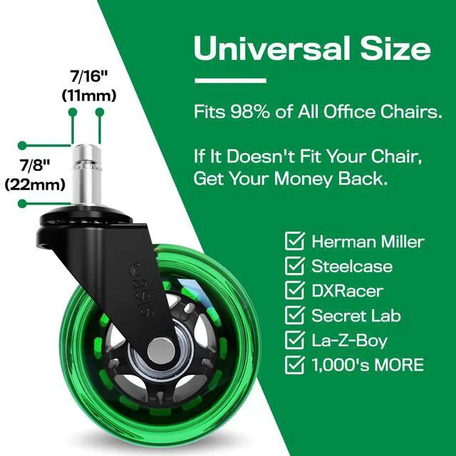 Alt view image 4 of 5 - Original Office Chair Wheels (As Seen On PBS), Green Safe for hardwood floors & carpet, smooth & quiet casters, easy installation, universal fit, set of 5