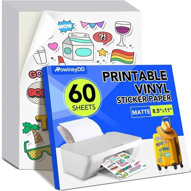 Main image of 60 PCS Vinyl Sticker Paper, Matte Printable Sticker Paper Sticker Paper for Inkjet Printer 8.5 x 11 Waterproof Printable Matte Vinilo Adhesivo Imprimible Vinyl Sticker Paper