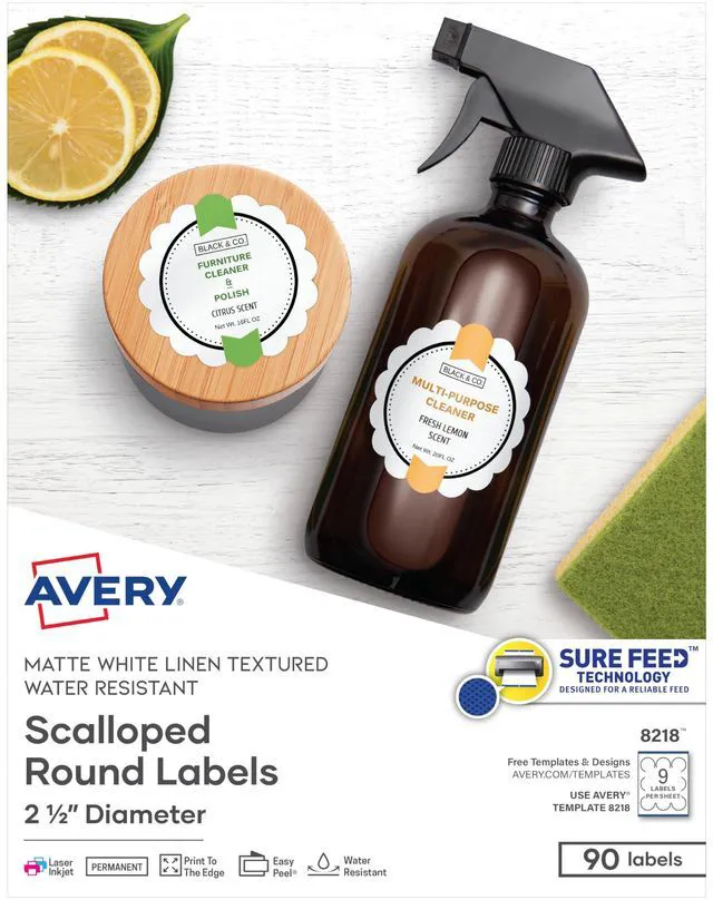 Main image of Scallop 2.5 Inch Round Labels with Sure Feed for Laser & Inkjet Printers, 90 White Labels (8218)