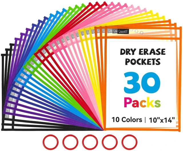 Main image of 30 Pack Dry Erase Pockets, 10x14 Reusable Sleeves, 10 Colors 30 reusable PVC pockets hold 8.5 x 11 and 9 x 12 sheets; double sided wipe clean surfaces, pen loops, eyelets, and 5 rings