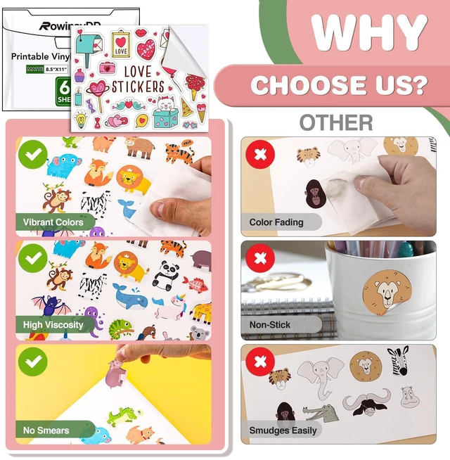 Alt view image 5 of 6 - 60 PCS Vinyl Sticker Paper, Matte Printable Sticker Paper Sticker Paper for Inkjet Printer 8.5 x 11 Waterproof Printable Matte Vinilo Adhesivo Imprimible Vinyl Sticker Paper