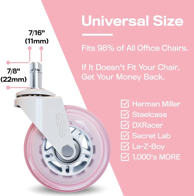 Alt view image 4 of 5 - Original Office Chair Wheels (As Seen On PBS), Pink Safe for hardwood floors & carpet, smooth & quiet casters, easy installation, universal fit, set of 5