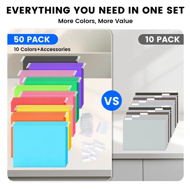 Alt view image 6 of 7 - 50-Pack Assorted Hanging File Folders, Letter Size with 55 Transparent Label Cards, 60 Sticker Labels,1/5-Cut TabsHome Office & Filing Cabinets