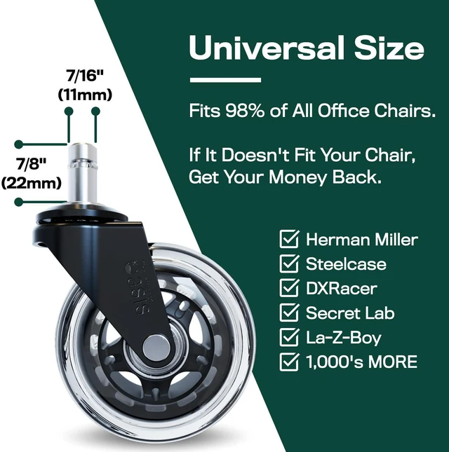 Alt view image 4 of 5 - Original Roller Blade Office Chair Wheels (As Seen On PBS) Safe for hardwood floors & carpet, smooth & quiet casters, easy installation, universal fit, set of 5