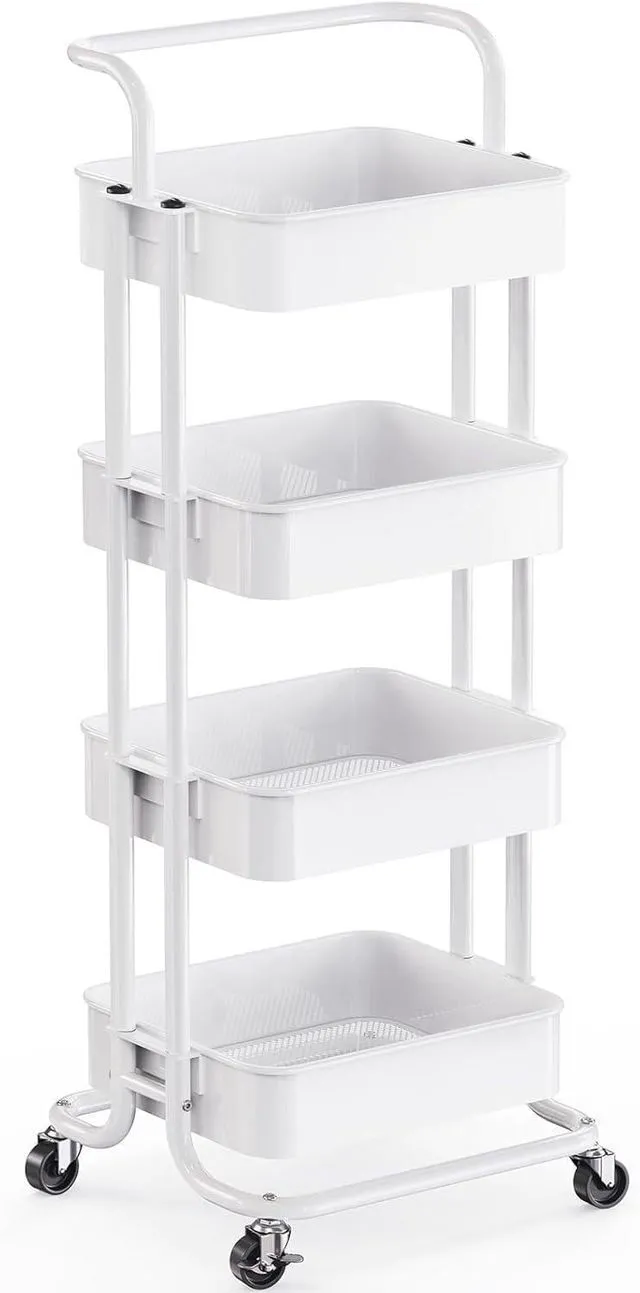 Main image of Metal 4 Tier Rolling Cart with Handle & 2 Lockable Wheels, White Four Large 2" Wheels for Easier Movement, Sturdy Metal, Hold 22 lbs per Shelf, Ventilated Mesh Design, for Office and Kitchen