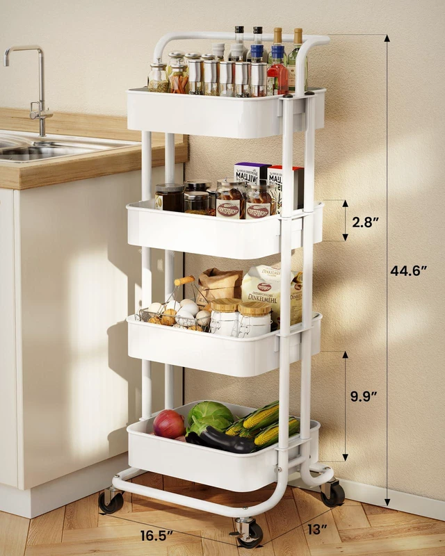 Alt view image 2 of 7 - Metal 4 Tier Rolling Cart with Handle & 2 Lockable Wheels, White Four Large 2" Wheels for Easier Movement, Sturdy Metal, Hold 22 lbs per Shelf, Ventilated Mesh Design, for Office and Kitchen