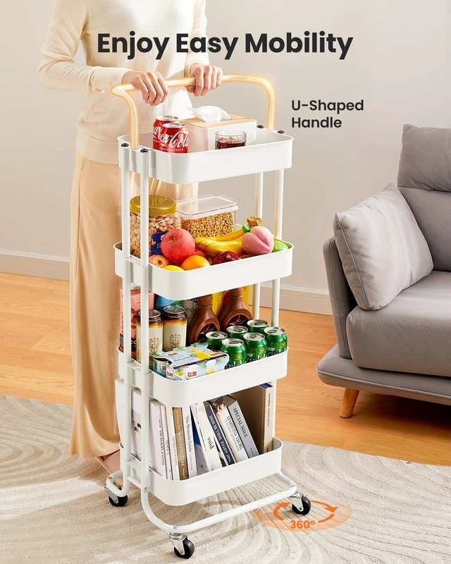 Alt view image 3 of 7 - Metal 4 Tier Rolling Cart with Handle & 2 Lockable Wheels, White Four Large 2" Wheels for Easier Movement, Sturdy Metal, Hold 22 lbs per Shelf, Ventilated Mesh Design, for Office and Kitchen